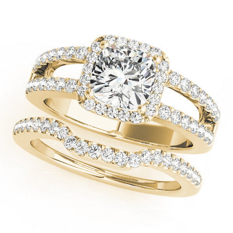 Yellow gold Cushion Halo Split Shank Diamond Ring with Four-Prong Setting
