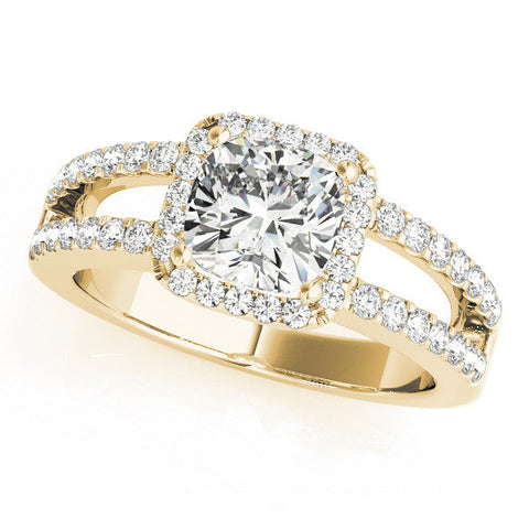 Yellow gold Cushion Halo Split Shank Diamond Ring with Four-Prong Setting