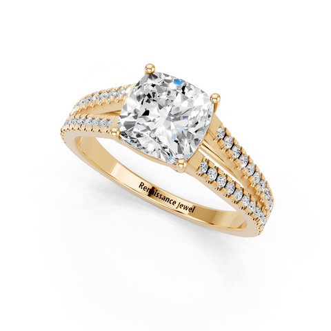Yellow gold Cushion Solitaire Split Shank Pavé Diamond Engagement Ring