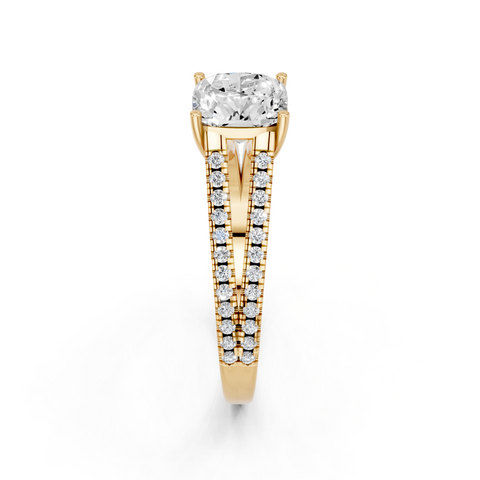 Yellow gold Cushion Solitaire Split Shank Pavé Diamond Engagement Ring