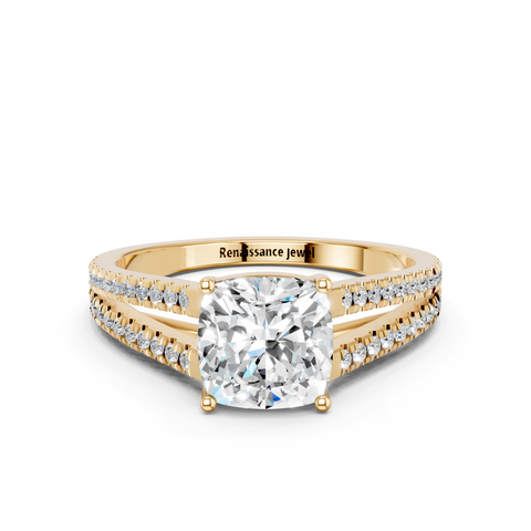 Yellow gold Cushion Solitaire Split Shank Pavé Diamond Engagement Ring