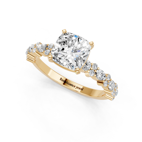 Yellow gold Cushion Solitaire with Side Stones, Pave Band, Four-Prong Setting