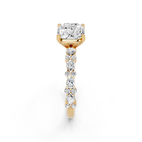 Yellow gold Cushion Solitaire with Side Stones, Pave Band, Four-Prong Setting
