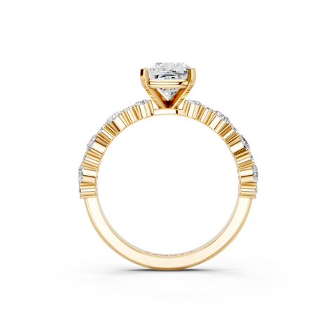Yellow gold Cushion Solitaire with Side Stones, Pave Band, Four-Prong Setting