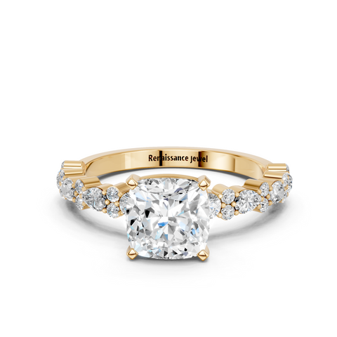 Yellow gold Cushion Solitaire with Side Stones, Pave Band, Four-Prong Setting