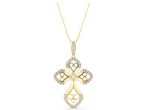 Yellow gold Diamond Pavé Round Milgrain Cross Pendant