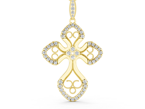 Yellow gold Diamond Pavé Round Milgrain Cross Pendant