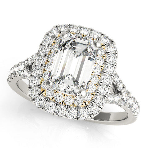 Yellow gold Double Halo Radiant Cut Diamond Split Shank Ring with Four Prong Setting