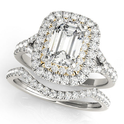 Yellow gold Double Halo Radiant Cut Diamond Split Shank Ring with Four Prong Setting