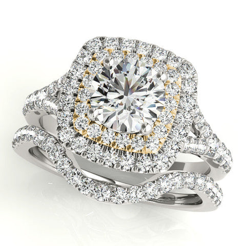 Yellow gold Double Halo Round Cut Pave Split Shank Prong Set Ring