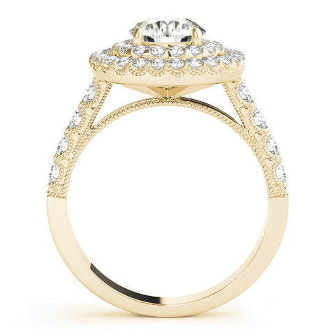 Yellow gold Double Halo Round Diamond Pave Band Four-Prong Ring