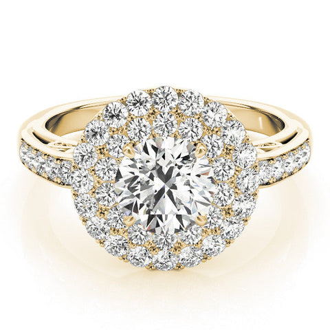 Yellow gold Double Halo Round Diamond Pave Band Prong Setting Ring
