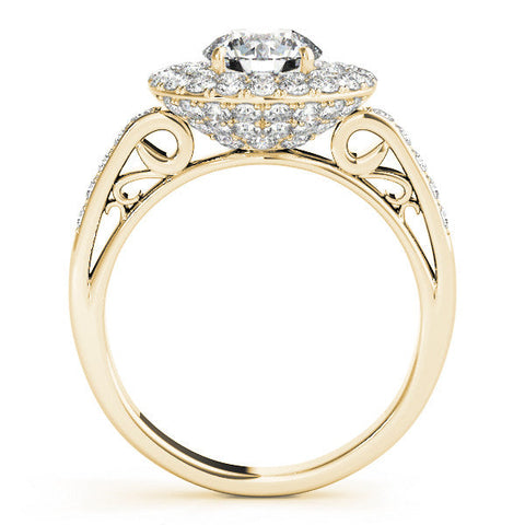 Yellow gold Double Halo Round Diamond Pave Band Prong Setting Ring