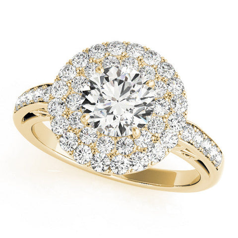 Yellow gold Double Halo Round Diamond Pave Band Prong Setting Ring