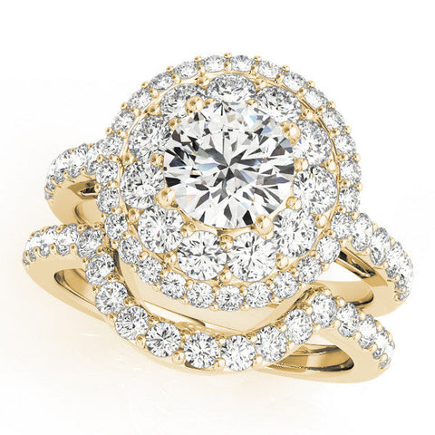 Yellow gold Double Halo Round Diamond Pave Split Shank Prong Setting Ring