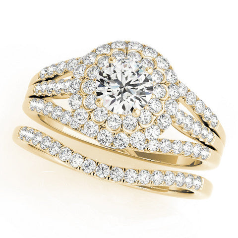 Yellow gold Double Halo Round Diamond Split Shank Pave Set Ring