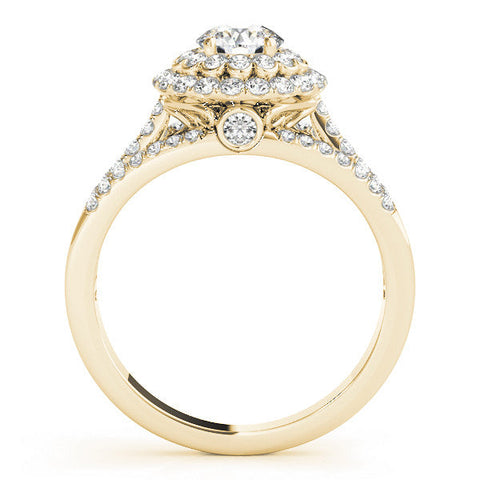Yellow gold Double Halo Round Diamond Split Shank Pave Set Ring