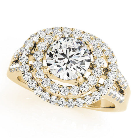 Yellow gold Double Halo Round Diamond Split Shank Prong Setting Ring