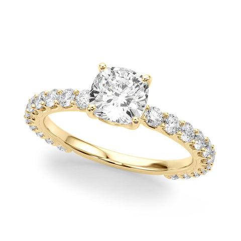 Yellow gold Cushion Cut Diamond Pavé Band Solitaire with Four-Prong Setting