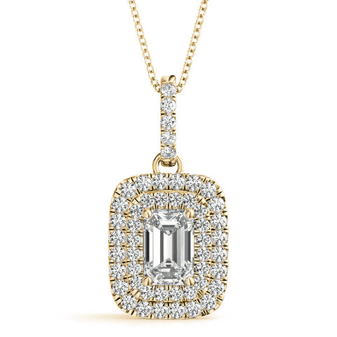 Yellow gold Emerald Cut Double Halo Diamond Pendant with Prong Setting