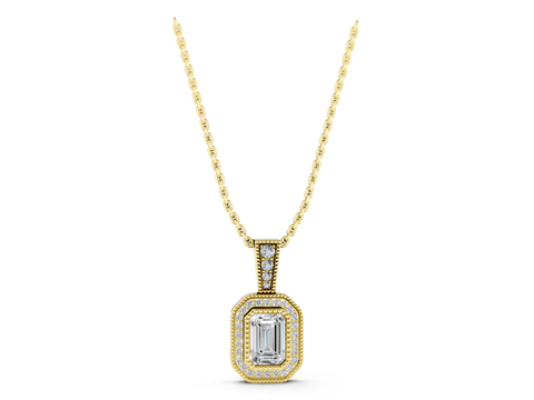 Yellow gold Emerald Cut Halo Diamond Pendant with Pavé Setting