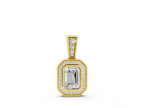 Yellow gold Emerald Cut Halo Diamond Pendant with Pavé Setting