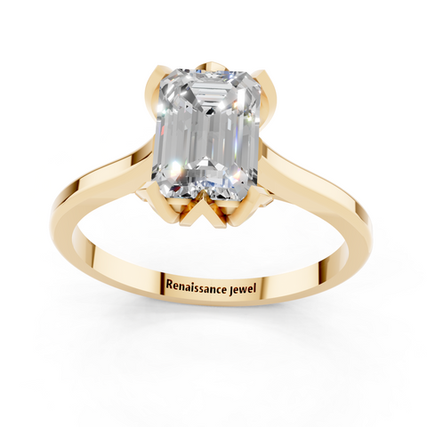 Yellow gold Emerald Cut Solitaire Diamond Ring with Flower-Prong Setting and Classic Band