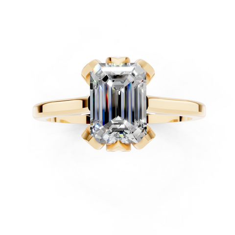 Yellow gold Emerald Cut Solitaire Diamond Ring with Flower-Prong Setting and Classic Band