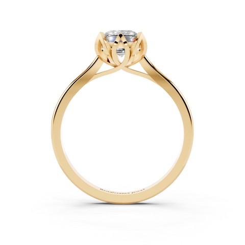 Yellow gold Emerald Cut Solitaire Diamond Ring with Flower-Prong Setting and Classic Band