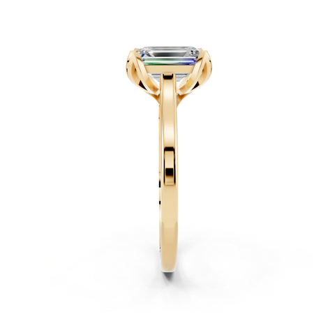 Yellow gold Emerald Cut Solitaire Diamond Ring with Flower-Prong Setting and Classic Band