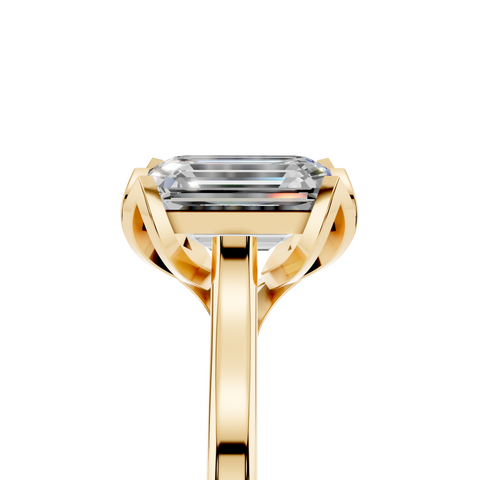 Yellow gold Emerald Cut Solitaire Diamond Ring with Flower-Prong Setting and Classic Band