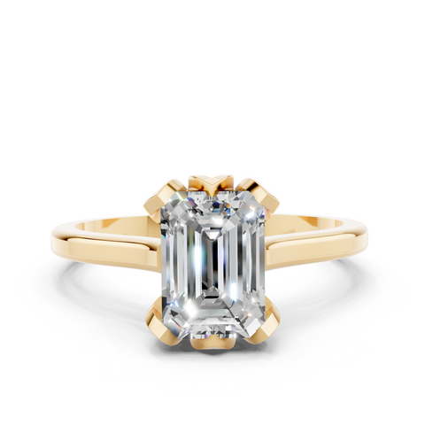 Yellow gold Emerald Cut Solitaire Diamond Ring with Flower-Prong Setting and Classic Band