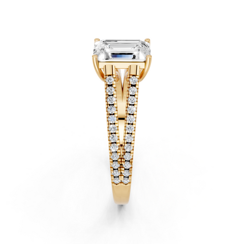 Yellow gold Emerald Solitaire Split Shank Pavé Diamond Engagement Ring