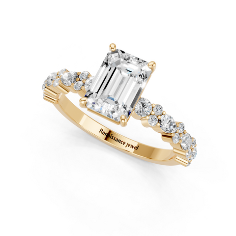 Yellow gold Emerald Solitaire with Side Stones, Pave Band, Four-Prong Setting