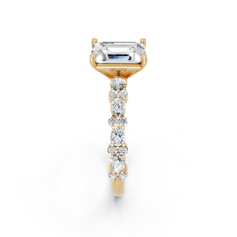 Yellow gold Emerald Solitaire with Side Stones, Pave Band, Four-Prong Setting