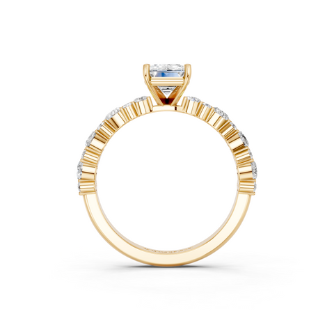 Yellow gold Emerald Solitaire with Side Stones, Pave Band, Four-Prong Setting