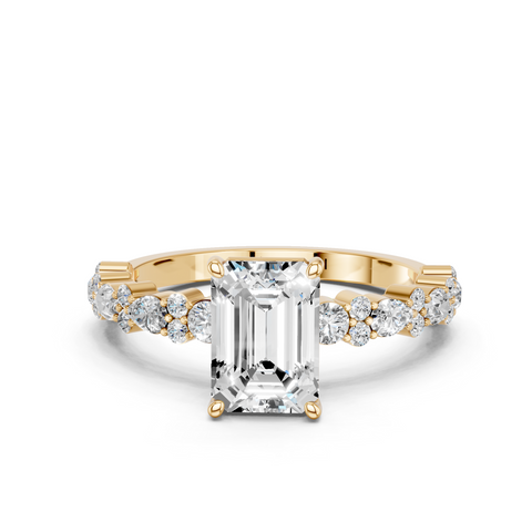 Yellow gold Emerald Solitaire with Side Stones, Pave Band, Four-Prong Setting