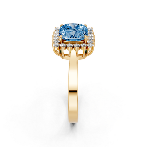 Yellow gold Fancy Blue Cushion  Cut Diamond Halo Ring with Round Brilliant Halo and Solitaire Band