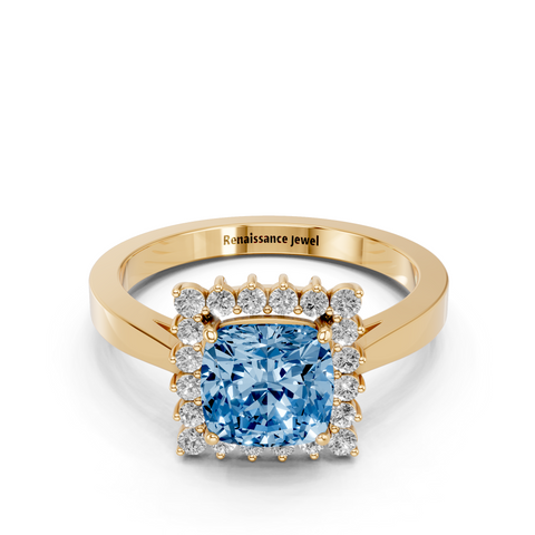 Yellow gold Fancy Blue Cushion  Cut Diamond Halo Ring with Round Brilliant Halo and Solitaire Band