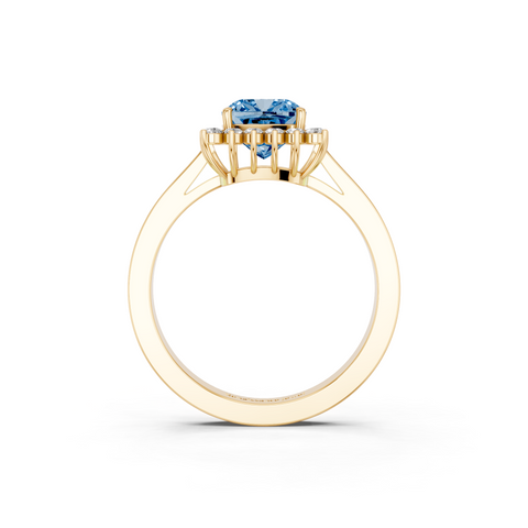 Yellow gold Fancy Blue Cushion  Cut Diamond Pavé Band Solitaire Ring with Four-Prong Setting