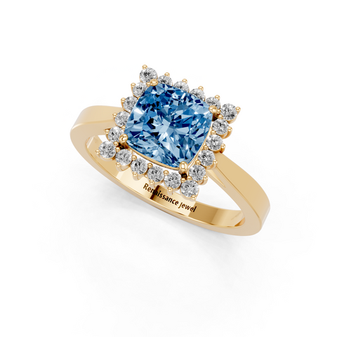 Yellow gold Fancy Blue Cushion  Cut Diamond Pavé Band Solitaire Ring with Four-Prong Setting