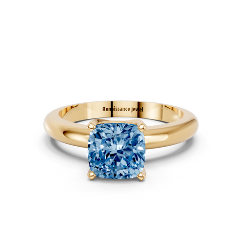 Yellow gold Fancy Blue Cushion  Cut Solitaire Engagement Ring with Round Band and Four-Prong Setting