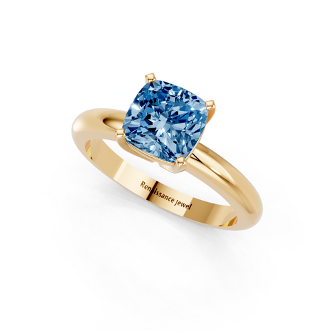 Yellow gold Fancy Blue Cushion  Cut Solitaire Engagement Ring with Round Band and Four-Prong Setting