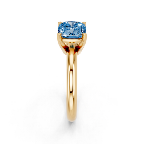 Yellow gold Fancy Blue Cushion  Cut Solitaire Engagement Ring with Round Band and Four-Prong Setting
