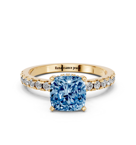 Yellow gold Fancy Blue Cushion  Solitaire Diamond Pavé Band with Four-Prong Setting