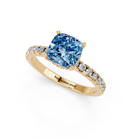 Yellow gold Fancy Blue Cushion  Solitaire Diamond Pavé Band with Four-Prong Setting