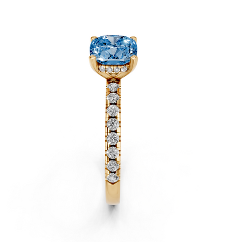 Yellow gold Fancy Blue Cushion  Solitaire Diamond Pavé Band with Four-Prong Setting