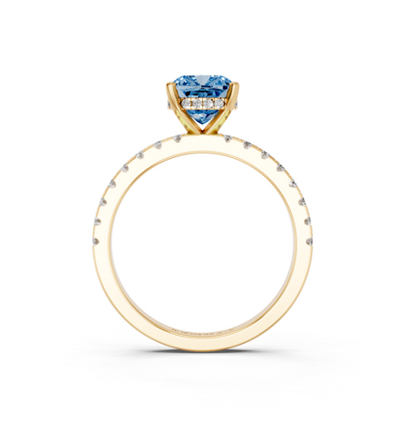 Yellow gold Fancy Blue Cushion  Solitaire Diamond Pavé Band with Four-Prong Setting