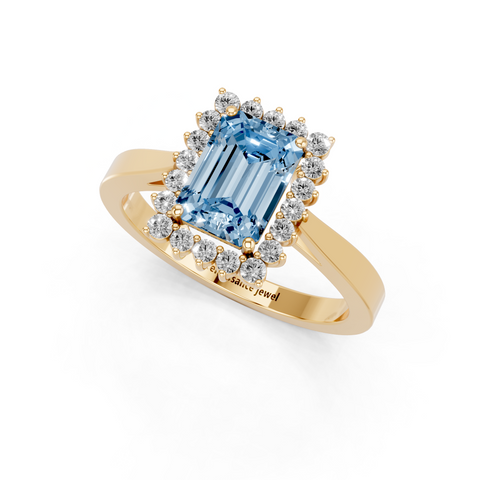 Yellow gold Fancy Blue Emerald  Cut Diamond Halo Ring with Round Brilliant Halo and Solitaire Band