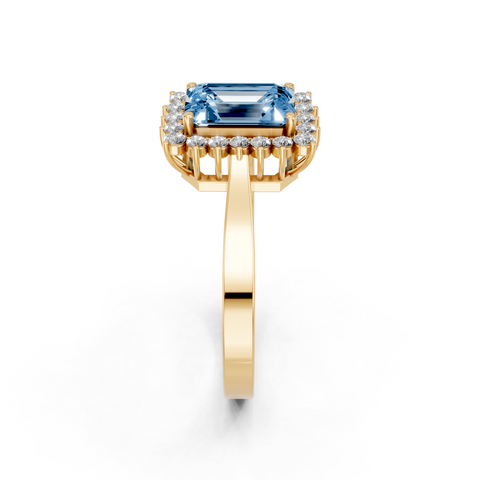 Yellow gold Fancy Blue Emerald  Cut Diamond Halo Ring with Round Brilliant Halo and Solitaire Band